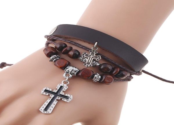 

vintage punk rock leather bracelet jesus cross bead bracelet men charm cuff bangles christmas gift for women4696384, Golden;silver