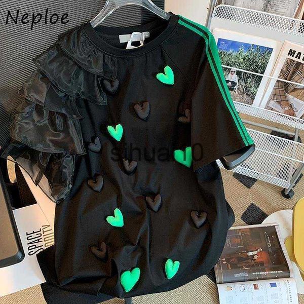 

women's t-shirt neploe premium casual t-shirts european 2023 summer splicing short-sleeve three-dimensional love decorative gauze edge, White