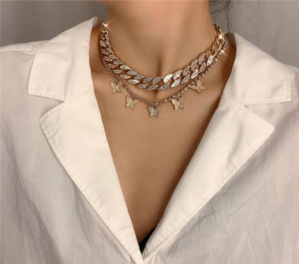 

luxury butterfly pendant choker necklaces women iced out cuban link chains fashion bling crystal rhinestone animal hip hop jewelry2905276, Silver