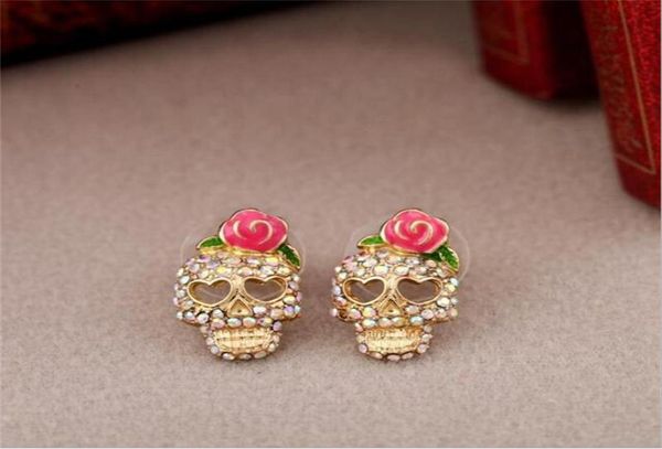 

cute pink rose skull ear studs rhinestone rose skeleton earrings fashion jewelry ear stud for women girls8098099, Golden;silver