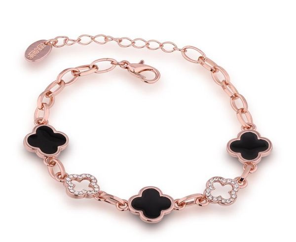 

four leaf clover lady bracelet rose gold plated alloy crystal lucky clover bracelet 24cm chain female accessories7233670, Black