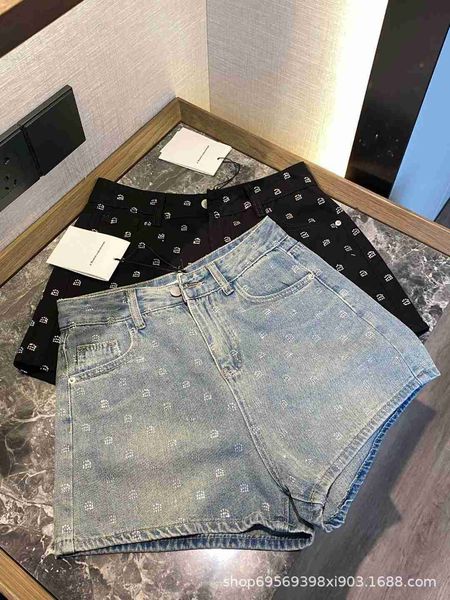 

23 summer new aw full diamond denim shorts for women, White;black
