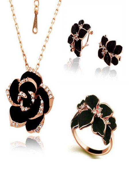 

bridesmaid jewelry set for wedding enamel mountain camellia rose gold rose flower chains necklace earring for women rings party je1612171, Silver