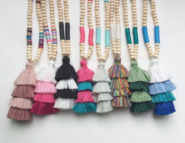 

bohemia soft clay tables beaded necklaces summer jewelry boho four layers cotton tassel pendant confetti and wood beads long china7730255, Silver