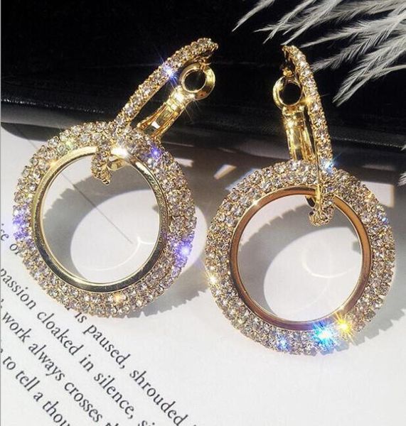 

european exaggerated rhinestone circles dangle anti allergic pierced ear hoop loops earrings for women jewellery fashion jewelry w7951911, Silver