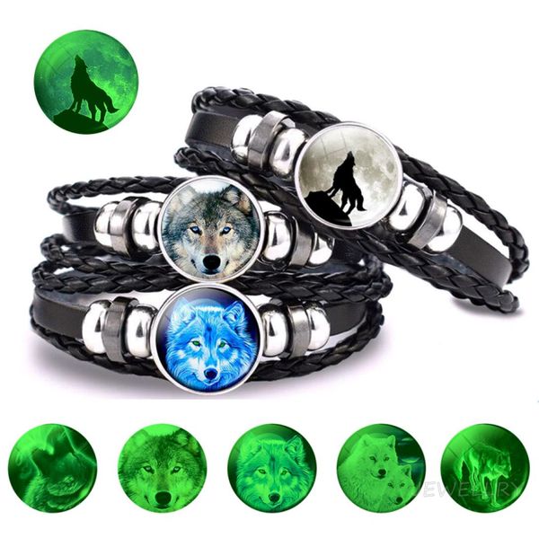 

glowing wolf bracelet luminous glow in dark wolfs head punk black leather woven luminouses jewelry animal bracelets1659132