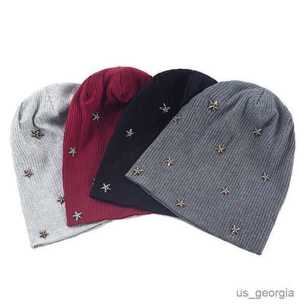 

caps women star knitted cotton beanie casual soft design solid bonnets hat ladies slouchy hat r230627, Blue;gray