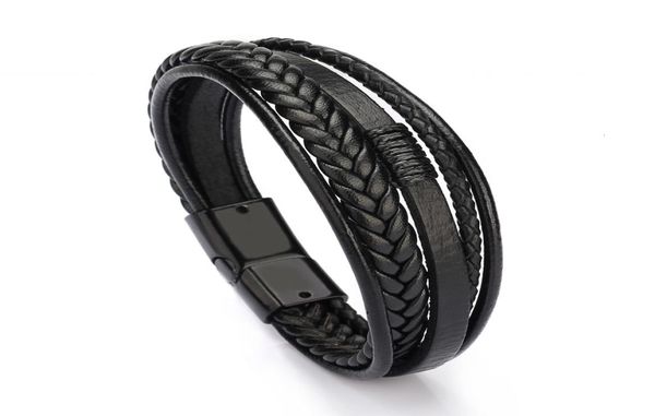 

bracelet men multilayer leather bangles magneticclasp cowhide braided multi layer wrap trendy bracelet armband hombre9259767, Black