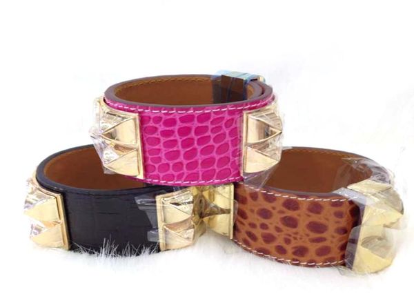 

whole crocodile pattern leather four nail rivets leather bracelet exaggerated punk wind wide bracelet h bangle jewelry7402702, Black