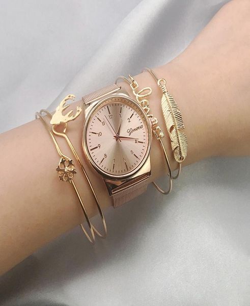 

4pcsset women gold cuff multilayer leaf love snow elk multilayer minimal bracelet handmade bracelet for women bb3421682027, Golden;silver