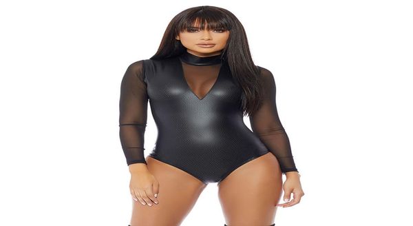 

wetlook bodysuit mesh long sleeve high neck leather catsuit lingerie club transparent black faux vinyl body suits for women s7807654, Red;black