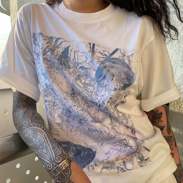 

women's t-shirt y2k harajuku erosive jellyfish print woman t-shirt street casual streetwear casual pullover t-shirt female mens goth cr, White