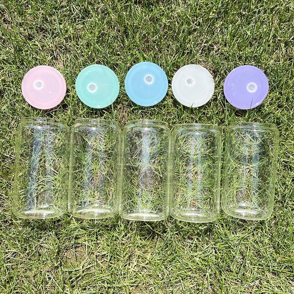 

16oz sublimation glass beer mugs with colorful lid can shaped glass cups clear frosted beer can glass jar drinking glasses with reusable str