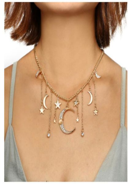 

diamond studded stars and moon tassel pendant chain long single layer necklace choker fashion accessoriesfashion jewelry9659772, Silver