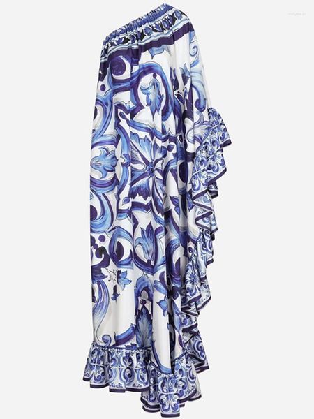 

casual dresses summer runway blue and white porcelain asymmetry long dress women off the shoulder ruffles hem loose robe maxi vestidos, Black;gray