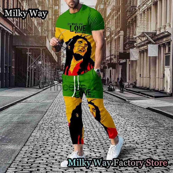 

men's tracksuits men's summer bob marley tracksuit one love tshirt pants set male fashion suit casual vintage outfit reggae music, Gray
