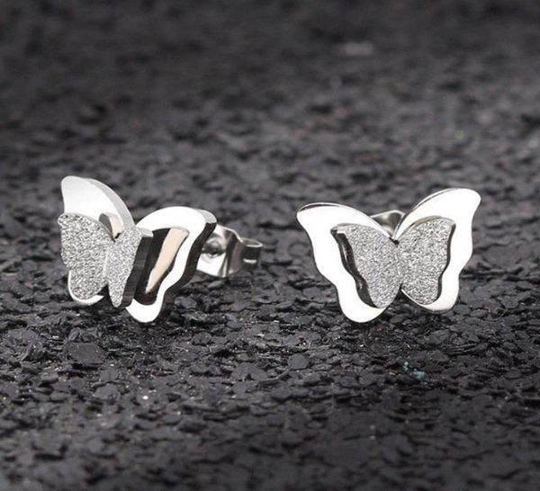

scrub butterfly stainless steel stud earrings for women double titanium steel rose gold and silvergold fashion stud earrings1454962, Golden;silver
