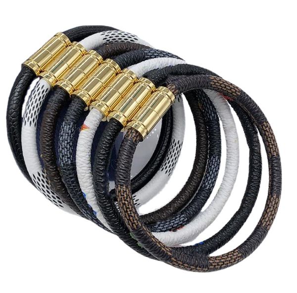 

8style Desinger Europe America Stainless Steel Bangle Men Women Couples Lovers Leather Magnetic Buckle Plaid Engraved Letter Metal PU Bracelet 20CM