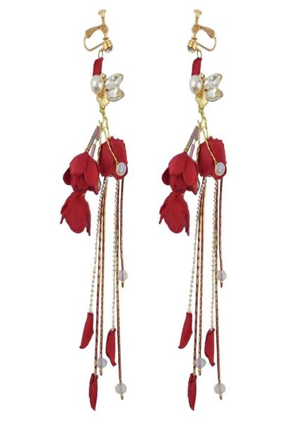 

fashion tassels alloy red cloth flower crystal faux pearl statement drop dangle earrings clip women039s engagement gift8920080, Silver