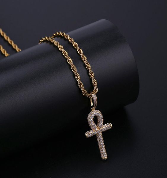 

solid ankh cross pendant cubic zircon chains hip hop micro pave cz stones egyptian style necklace pendants for men women2524012, Silver