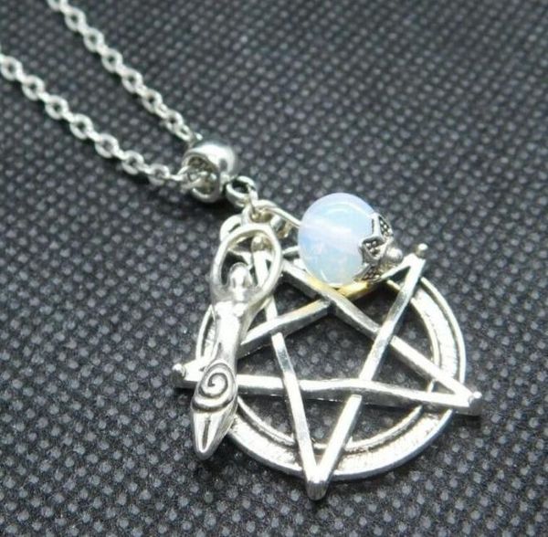 

vintage silver pagan supernatural pentagram necklace designer statement gothic gemstone fertility goddess necklace pendant for wom2934258