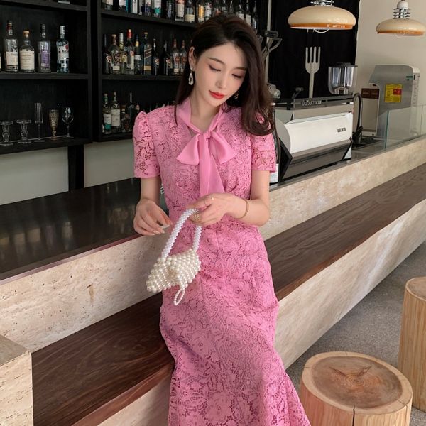 

auth s-elf portrait pink water soluble lace large bowtie decorative short sleeve dress, Black;gray