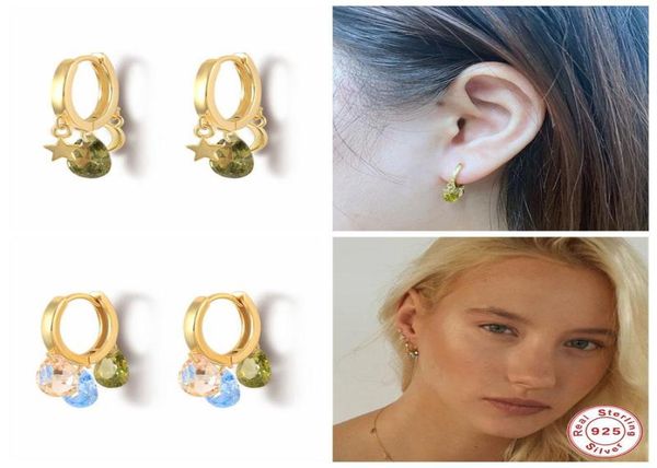 

hoop huggie aide rainbow color zircon moon star water drop earrings for women real 925 silver wedding earing boucle oreille femm9474036, Golden;silver