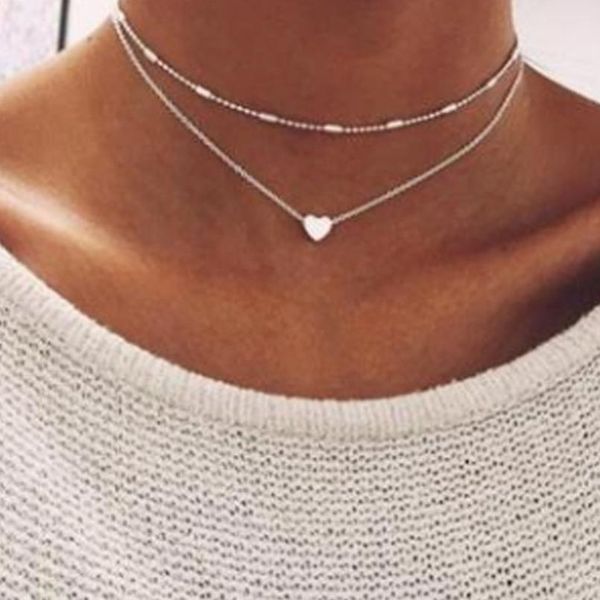 

whole fashion women jewelry double layer choker chain heart clavicle necklace3902348, Silver