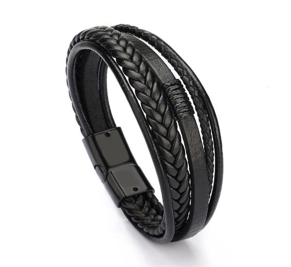 

bracelet men multilayer leather bangles magneticclasp cowhide braided multi layer wrap trendy bracelet armband hombre4010206, Black