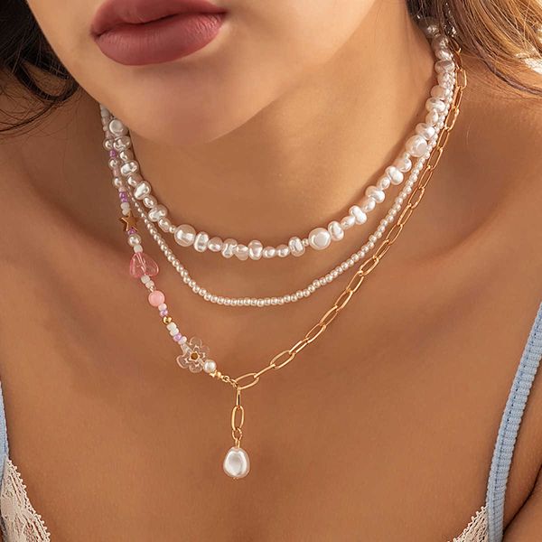 

pendant necklaces pink gummy bear flower beaded necklace for women evil eye asymmetric pearl choker boho multilayer necklaces y2k party jewe, Silver