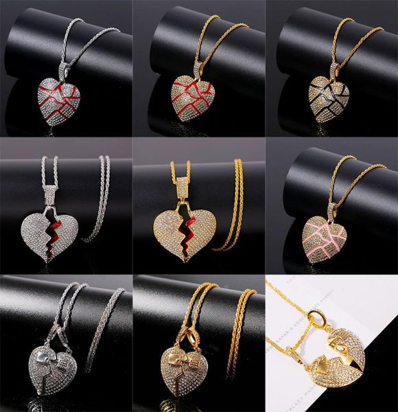 

broken heart pendant necklaces men039s bling crystal rhinestone love charm gold silver ed chain for women hip hop jewelry 6732056