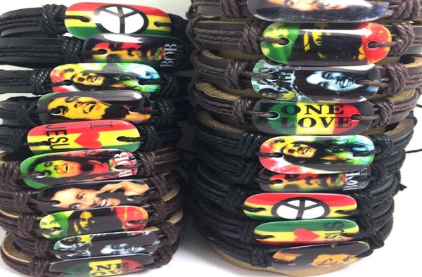 

whole 50pcs mix lot bob marley leather bracelets men fashion wristbands peace one love leaf jewelry 7313831, Golden;silver