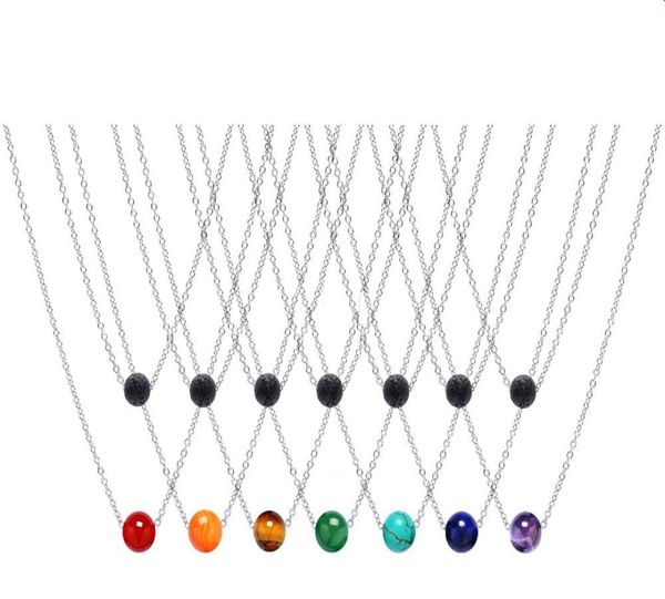 

double layers stainless steel chian 10mm natural 7 chakras stone 8mm black lava bead aromatherapy essential oil diffuser necklace2092093, Silver