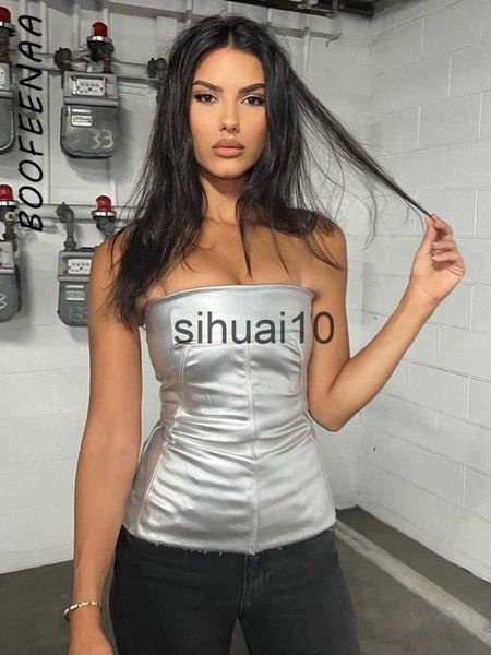 

women's t-shirt boofeenaa y2k street style metallic silver busiter tube clothes women going out backless strapless clubwear c85cz1 j23, White