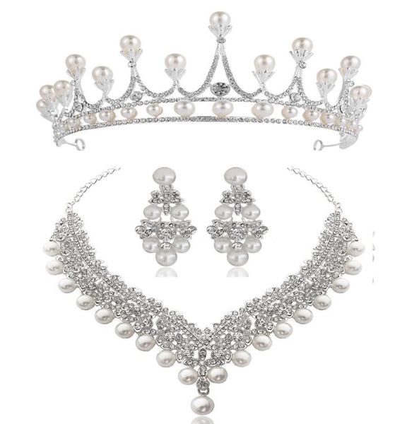 

white crystal pearl crown earrings necklace jewelry sets bridal wedding jewelry elegant fashion cubic zirconia diamond jewelry8360943, Silver