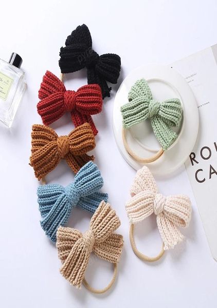 

cute knitting wool bowknot elastic hairband infant solid color crochet bows nylon headband children headwear birthday gift3438734, Slivery;white