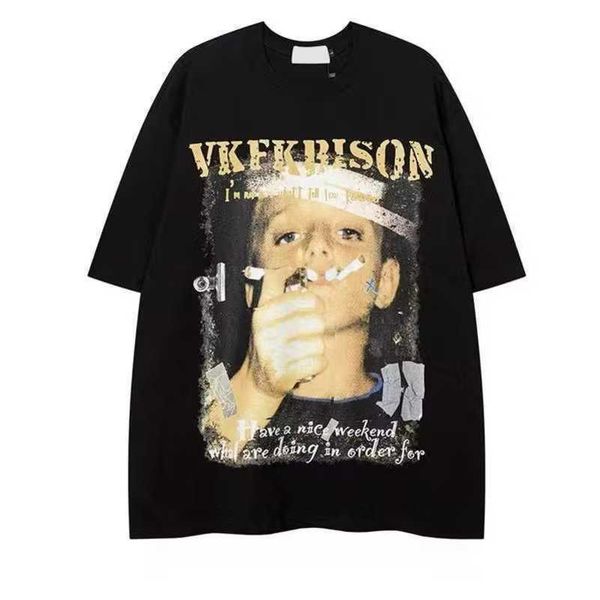 

high street dark retro hip hop european and american portrait printed short sleeve t-shirt for men and women oversize loose fashion half sle, White;black