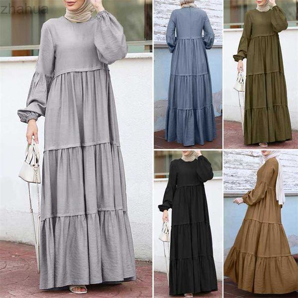 

autumn sunskirt women's ruffle edge long dress casual loose round neck long bubble sleeve muslim dress, Black;gray