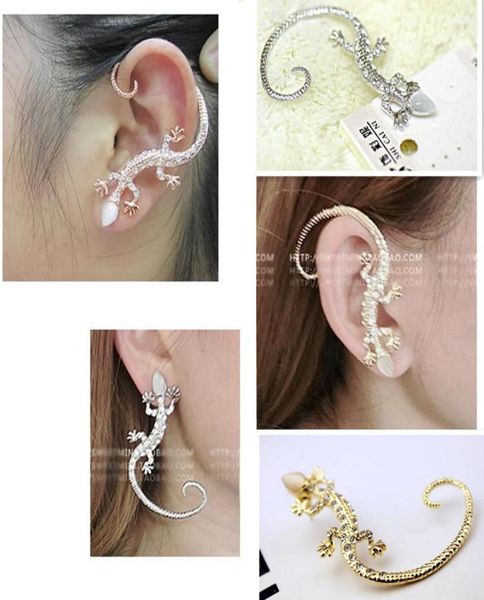 

3d animal crystal gecko stud ear cuff gold plated fashion rhinestone earcuff stud earrings man women vintage statement ear jewelry2672254, Silver