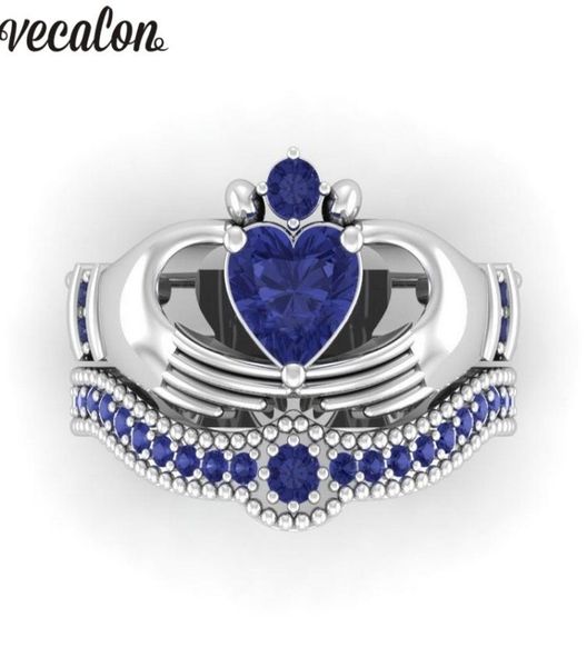 

vecalon lovers blue birthstone claddagh ring 5a zircon cz white gold filled engagement wedding band ring set for women men gift6045838, Slivery;golden