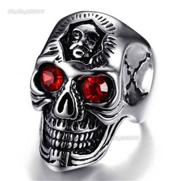 

ring fashion jewelry casting ghost head inlaid red men's ring, Golden;silver