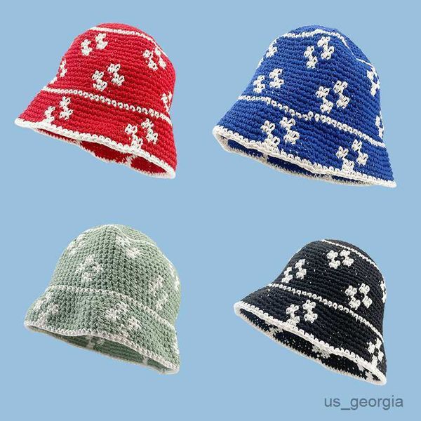 

caps small flower bucket hat women hand crochet design knitted hat winter beanie outdoor wool warm tide caps for girls r230627, Blue;gray