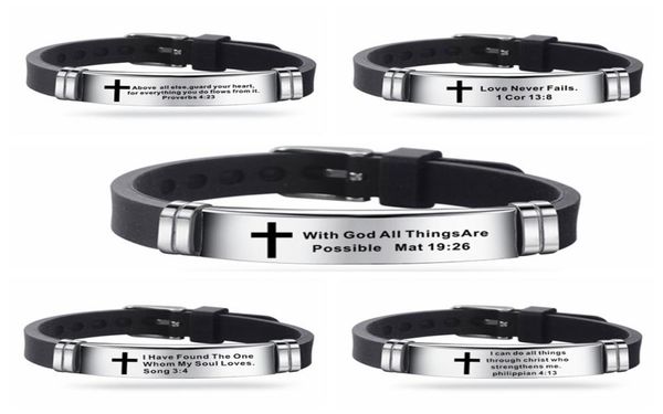 

trendy cross jesus scripture quote bracelet christian bible verse inspiring faith stainless steel bracelets silicone wristband3856694, Golden;silver