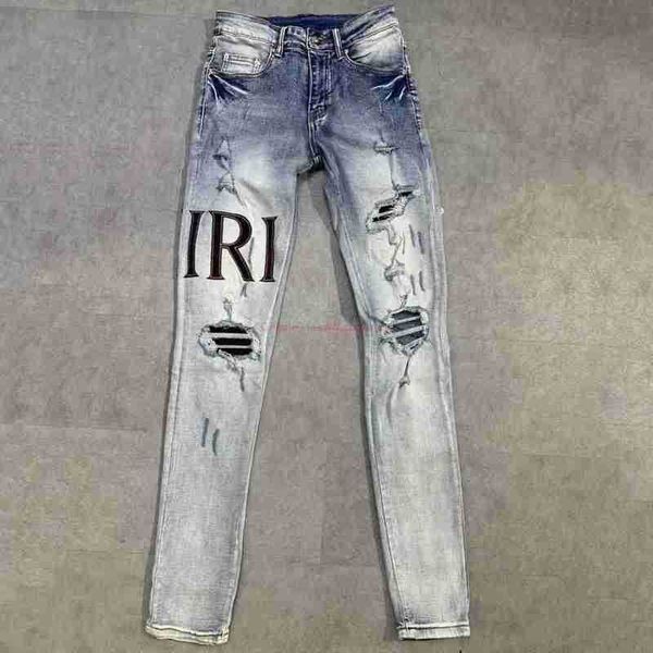 

designer clothing amires jeans denim pants amies high street trendy american style distressed mens patchwork elastic slim fitting small leg, Blue