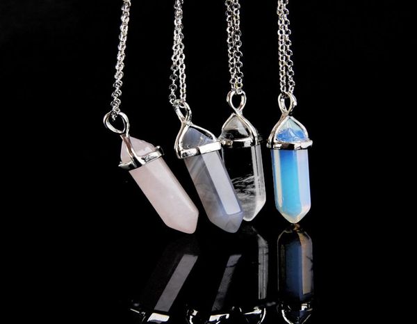

hexagonal pointed reiki natural stones pendant turquoise pink quartz pillar charms necklace for women men gift accessories mki5209218, Silver