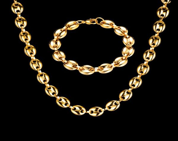 

2021 hip hop width 11mm stainless steel gold coffee beans link chain necklace bracelets for men jewelry9876053, Black
