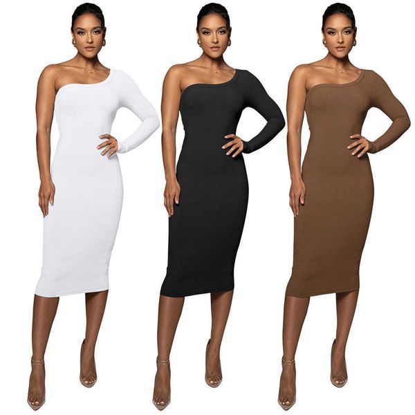 

luxury women's designer dress new diagonal shoulder slim fit long sleeve single sleeve women's long dress temperament wrapped hip, Black;gray