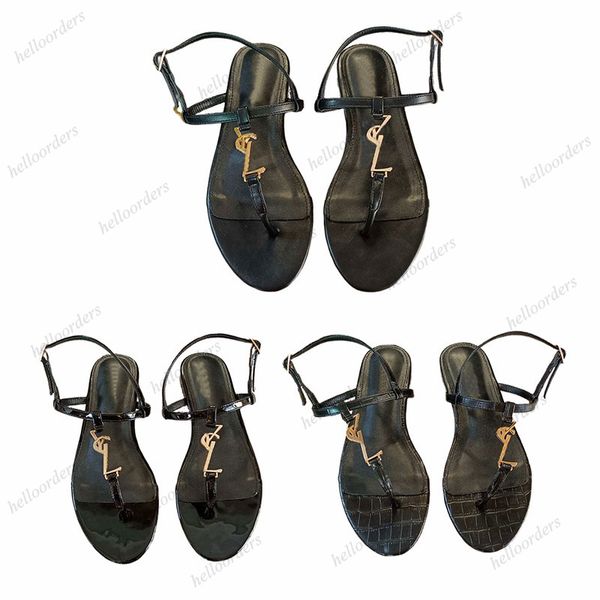 

cassandra patent leather flat sandals with gold lettering logo flip-flops rubber sole with web strap women slippers big size 43, Black