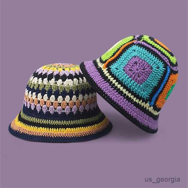 

caps handmade crochet fantastic contrasting knitted fisherman hat versatile women beanies colored fashion round basin hat r230627, Blue;gray