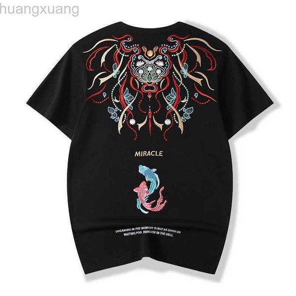 

ins tide brand china-chic chinese style koi embroidery cotton short sleeve t-shirt men's loose fashion large men's shirt, White;black